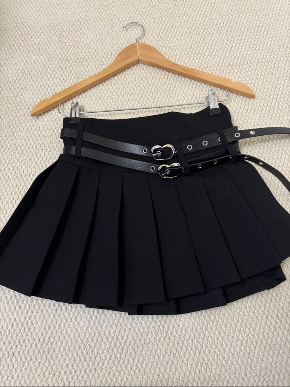 Pleated Mini Skirt with Double Buckle Waistbelt - Black